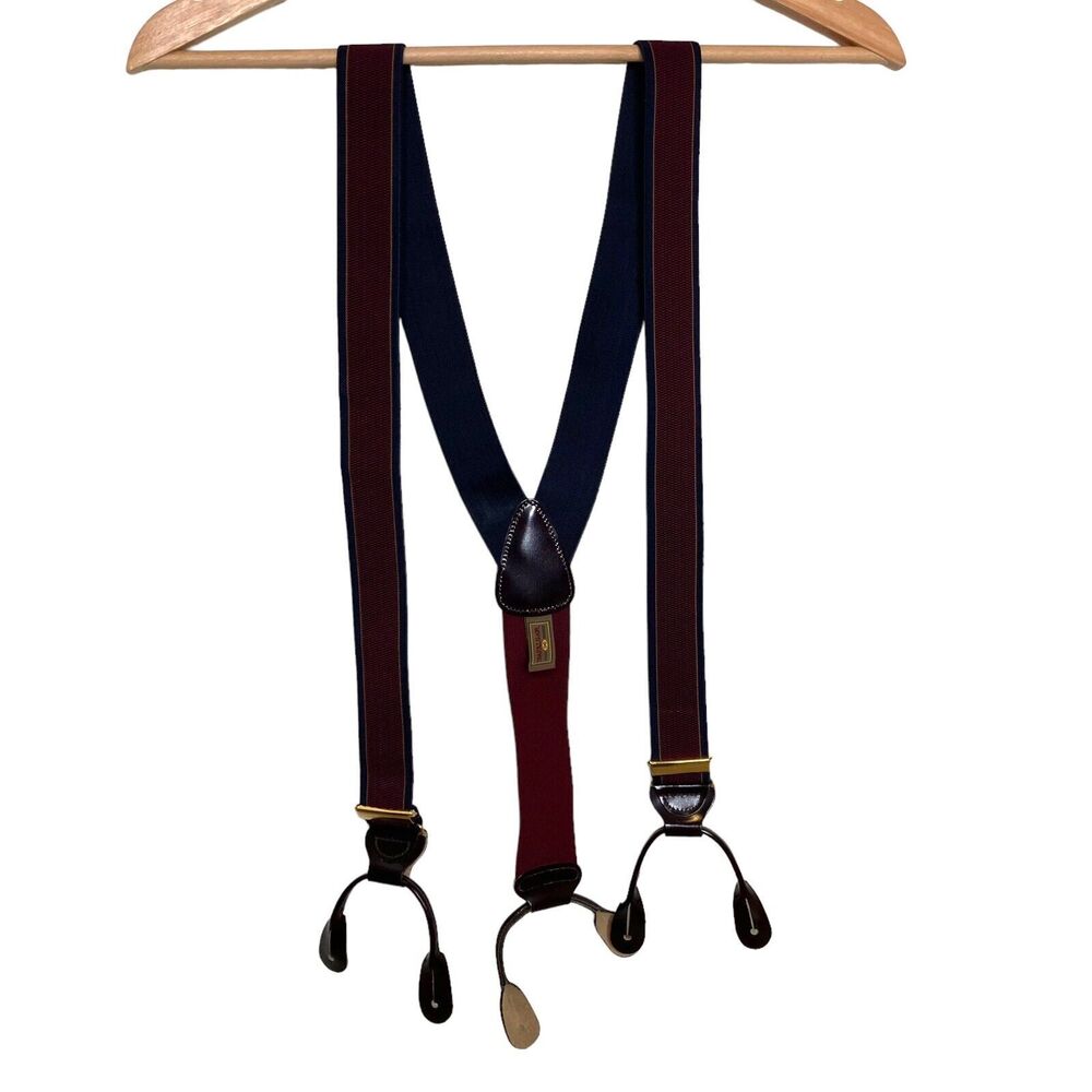 Trafalgar Maroon Navy Blue Suspenders Braces Leather Fittings Brass Hardware